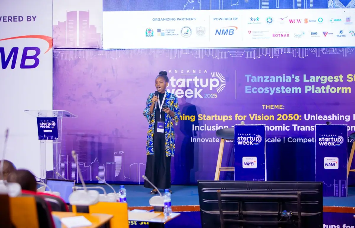 Michelle Mugo moderating at Tanzania Startup Week 2025